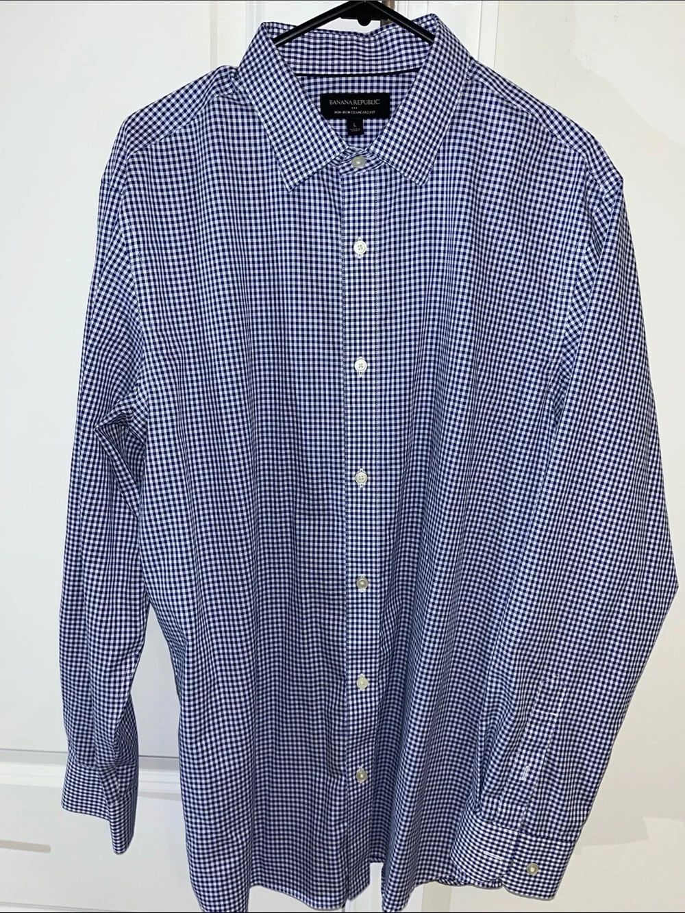 Blue White Non Iron Gingham Check Plaid Banana Republic LS Shirt L STD Fit Men’s